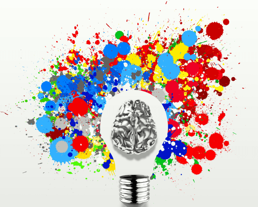 Brain in a light bulb with multiple colors